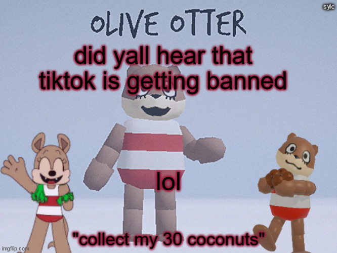 olive otter | did yall hear that tiktok is getting banned; lol | image tagged in olive otter | made w/ Imgflip meme maker