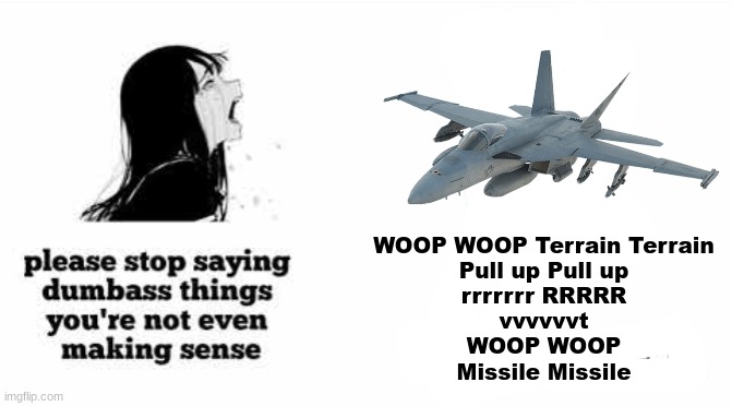 F/A-18 momentos | WOOP WOOP Terrain Terrain
Pull up Pull up
rrrrrrr RRRRR
vvvvvvt
WOOP WOOP
Missile Missile | image tagged in please stop saying dumbass things youre not even making sense,asmr | made w/ Imgflip meme maker