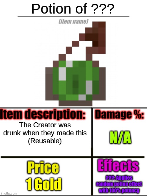 Item-shop extended | Potion of ??? The Creator was drunk when they made this
(Reusable); N/A; 1 Gold; ???: Applies random potion effect with 100% potency | image tagged in item-shop extended | made w/ Imgflip meme maker