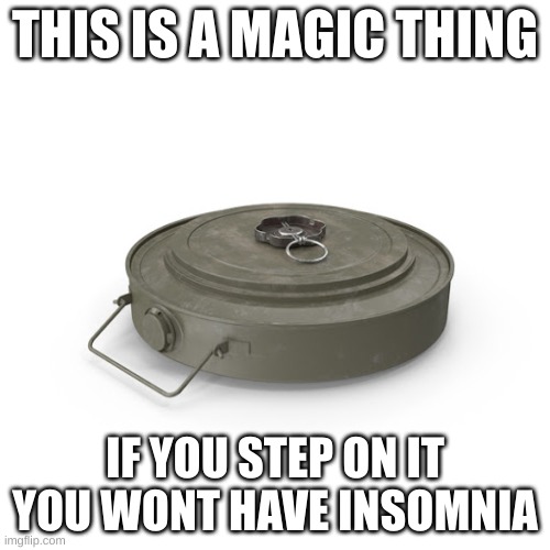 land mine | THIS IS A MAGIC THING; IF YOU STEP ON IT YOU WONT HAVE INSOMNIA | image tagged in land mine | made w/ Imgflip meme maker