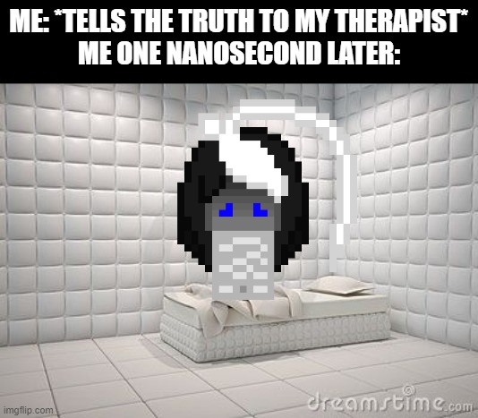 Hi-ho! Hi-ho! To the insane asylum I go! *annoying whistling noises* | ME: *TELLS THE TRUTH TO MY THERAPIST*
ME ONE NANOSECOND LATER: | image tagged in insane asylum pillow room | made w/ Imgflip meme maker