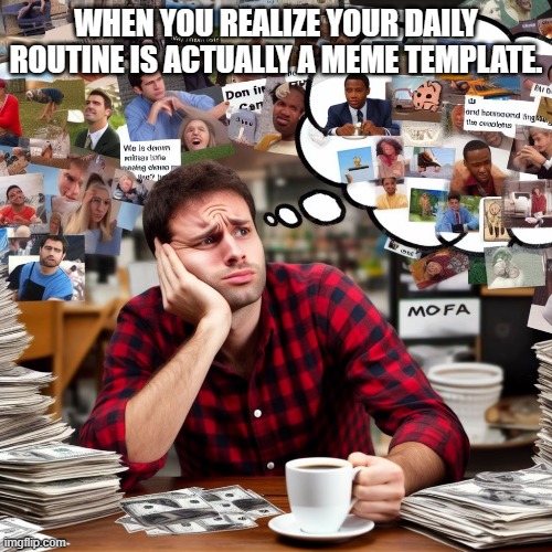 Relatable | WHEN YOU REALIZE YOUR DAILY ROUTINE IS ACTUALLY A MEME TEMPLATE. | image tagged in ai,deep thought | made w/ Imgflip meme maker