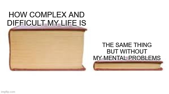We love depression -_- | HOW COMPLEX AND DIFFICULT MY LIFE IS; THE SAME THING BUT WITHOUT MY MENTAL PROBLEMS | image tagged in big book small book | made w/ Imgflip meme maker
