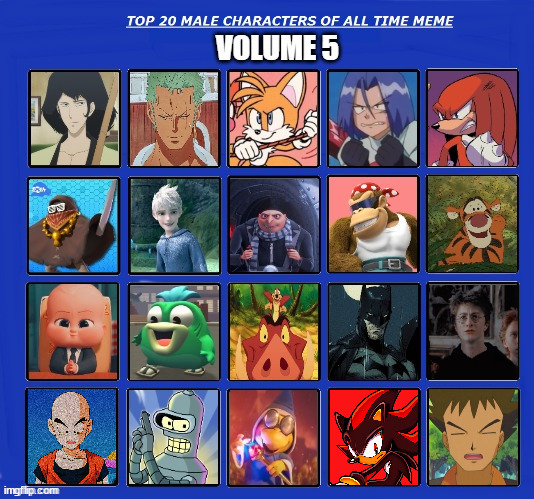 top 20 male characters of all time volume 5 | image tagged in top 20 male characters volume 5,top 10,male,anime,videogames,favorites | made w/ Imgflip meme maker