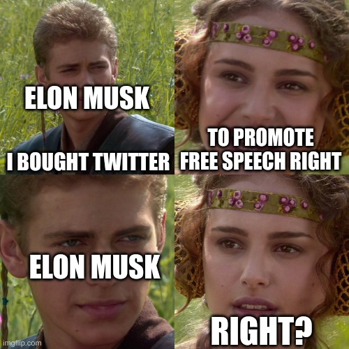 What are you planning Elon!?!?!  #LOL | ELON MUSK; I BOUGHT TWITTER; TO PROMOTE FREE SPEECH RIGHT; ELON MUSK; RIGHT? | image tagged in anakin padme 4 panel,memes,lol | made w/ Imgflip meme maker