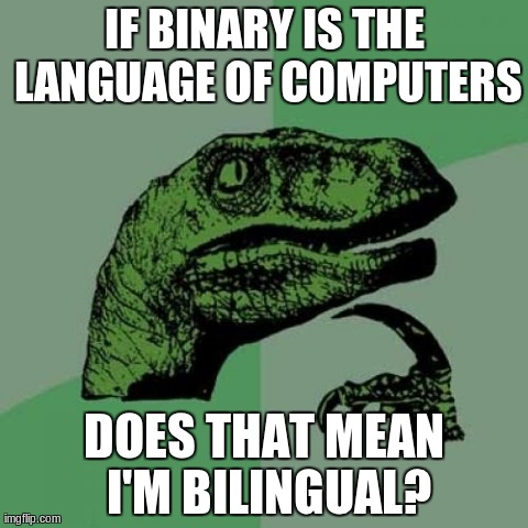 Philosoraptor | IF BINARY IS THE LANGUAGE OF COMPUTERS DOES THAT MEAN I'M BILINGUAL? | image tagged in memes,philosoraptor | made w/ Imgflip meme maker