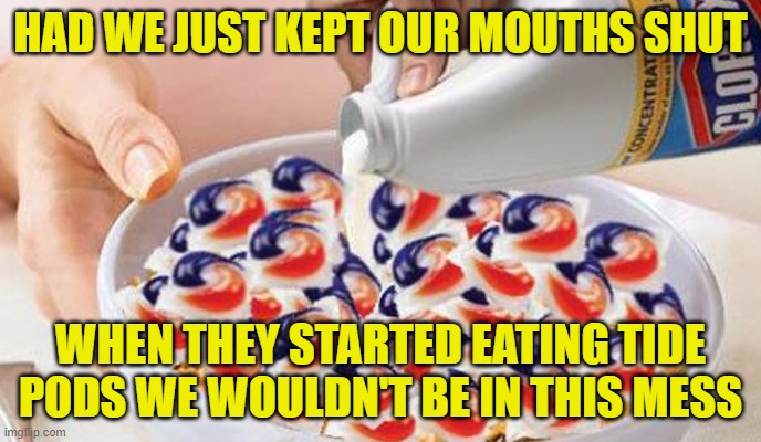 Millennial Tide Pod Challenge | HAD WE JUST KEPT OUR MOUTHS SHUT; WHEN THEY STARTED EATING TIDE PODS WE WOULDN'T BE IN THIS MESS | image tagged in millennials,millennial,tide pods,tide pod challenge,bad decision,big mouth | made w/ Imgflip meme maker