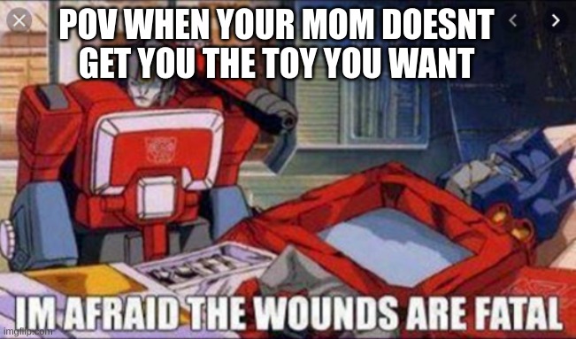 i am afraid the wounds are fatal | POV WHEN YOUR MOM DOESNT GET YOU THE TOY YOU WANT | image tagged in i am afraid the wounds are fatal | made w/ Imgflip meme maker