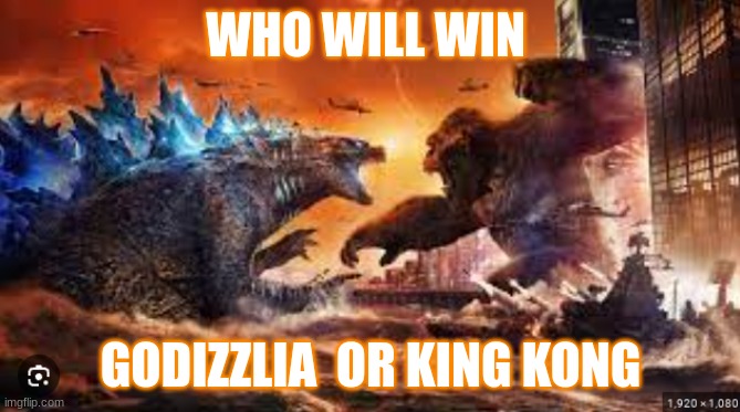 godizzlia v.s king kong | WHO WILL WIN; GODIZZLIA  OR KING KONG | image tagged in godizzlia v s king kong | made w/ Imgflip meme maker