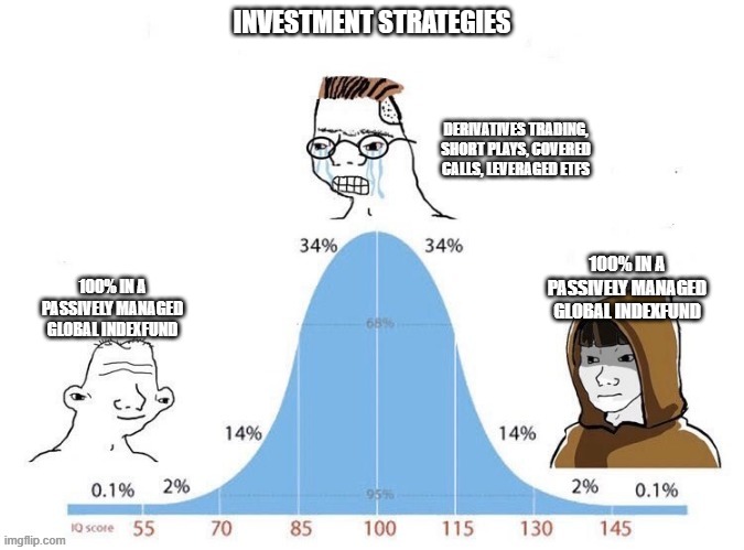 Bell Curve | INVESTMENT STRATEGIES; DERIVATIVES TRADING, SHORT PLAYS, COVERED CALLS, LEVERAGED ETFS; 100% IN A PASSIVELY MANAGED GLOBAL INDEXFUND; 100% IN A PASSIVELY MANAGED GLOBAL INDEXFUND | image tagged in bell curve | made w/ Imgflip meme maker