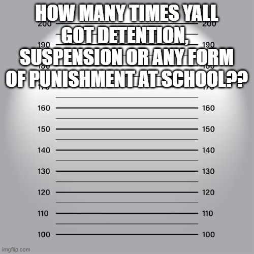 How yall got in trouble? | HOW MANY TIMES YALL GOT DETENTION,  SUSPENSION OR ANY FORM OF PUNISHMENT AT SCHOOL?? | image tagged in mugshot | made w/ Imgflip meme maker