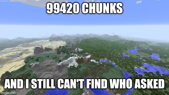 Maximum Render Distance | 99420 CHUNKS AND I STILL CAN'T FIND WHO ASKED | image tagged in maximum render distance | made w/ Imgflip meme maker
