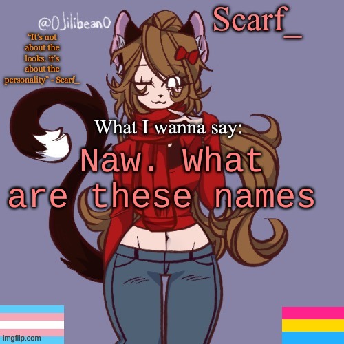 Scarf_ Announcement Template | Naw. What are these names | image tagged in scarf_ announcement template | made w/ Imgflip meme maker