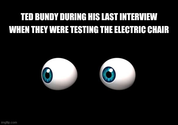 The night the lights went out in Florida | TED BUNDY DURING HIS LAST INTERVIEW; WHEN THEY WERE TESTING THE ELECTRIC CHAIR | image tagged in ted bundy memes,bundy funnies memes,eyeballs in the dark,true crime memes | made w/ Imgflip meme maker