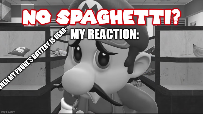 No Spaghetti? | MY REACTION:; WHEN MY PHONE’S BATTERY IS DEAD: | image tagged in no spaghetti | made w/ Imgflip meme maker