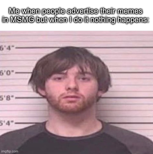LazyMazy mug shot | Me when people advertise their memes in MSMG but when I do it nothing happens: | image tagged in lazymazy mug shot | made w/ Imgflip meme maker