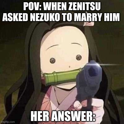 LMAO | POV: WHEN ZENITSU ASKED NEZUKO TO MARRY HIM; HER ANSWER: | image tagged in nezuko nooooo | made w/ Imgflip meme maker