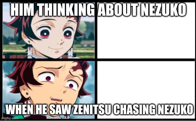 lol | HIM THINKING ABOUT NEZUKO; WHEN HE SAW ZENITSU CHASING NEZUKO | image tagged in tanjiro approval | made w/ Imgflip meme maker