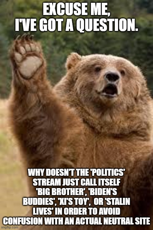 Upfront Question | EXCUSE ME, I'VE GOT A QUESTION. WHY DOESN'T THE 'POLITICS' STREAM JUST CALL ITSELF 'BIG BROTHER', 'BIDEN'S BUDDIES', 'XI'S TOY',  OR 'STALIN LIVES' IN ORDER TO AVOID CONFUSION WITH AN ACTUAL NEUTRAL SITE | image tagged in liberal hypocrisy,free speech,balance | made w/ Imgflip meme maker