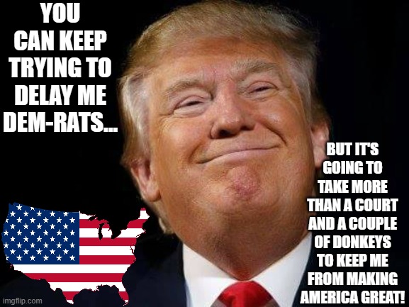 If the Dem-rats cheat again, this time we'll know. | YOU CAN KEEP TRYING TO DELAY ME DEM-RATS... BUT IT'S GOING TO TAKE MORE THAN A COURT AND A COUPLE OF DONKEYS TO KEEP ME FROM MAKING AMERICA GREAT! | image tagged in happy trump,donald trump,2024,maga,trump 2024 | made w/ Imgflip meme maker