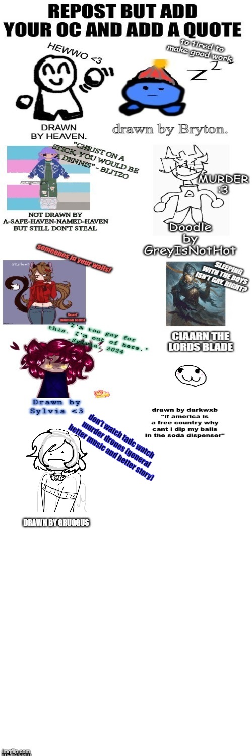 submit your OC with | don't watch tadc watch murder drones (general better music and better story); DRAWN BY GRUGGUS | image tagged in top quotes of history | made w/ Imgflip meme maker