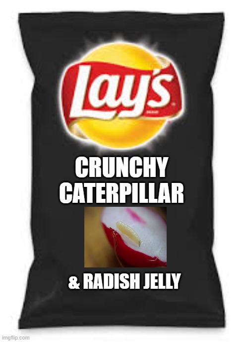 Lays Do Us A Flavor Blank Black | CRUNCHY CATERPILLAR; & RADISH JELLY | image tagged in lays do us a flavor blank black | made w/ Imgflip meme maker