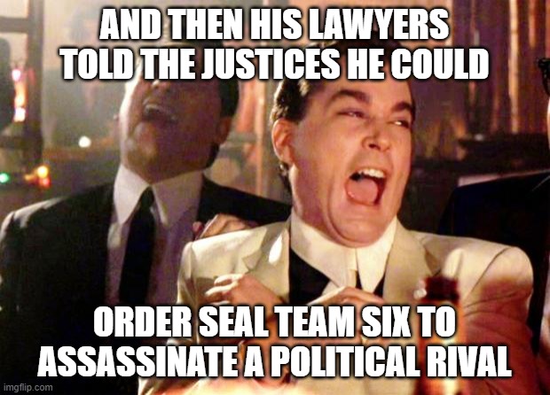 Does he not understand he -is- the President's political rival? | AND THEN HIS LAWYERS TOLD THE JUSTICES HE COULD; ORDER SEAL TEAM SIX TO ASSASSINATE A POLITICAL RIVAL | image tagged in donald trump is an idiot,scotus | made w/ Imgflip meme maker