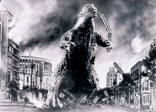 Godzilla Takes An Evening Stroll | image tagged in godzilla takes an evening stroll | made w/ Imgflip meme maker