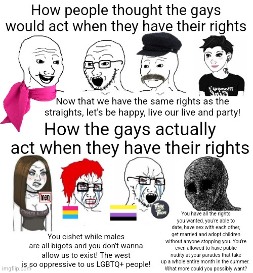 You'd think the gays would be happy once they have their rights but no | How people thought the gays would act when they have their rights; Now that we have the same rights as the straights, let's be happy, live our live and party! How the gays actually act when they have their rights; You have all the rights you wanted, you're able to date, have sex with each other, get married and adopt children without anyone stopping you. You're even allowed to have public nudity at your parades that take up a whole entire month in the summer. 
What more could you possibly want? You cishet while males are all bigots and you don't wanna allow us to exist! The west is so oppressive to us LGBTQ+ people! | image tagged in lgbtq,stupid liberals,liberal logic,sjws,whining,expectation vs reality | made w/ Imgflip meme maker