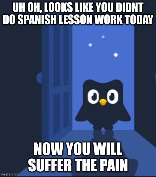 Uh oh looks like you didnt do spnanish lesson work today | UH OH, LOOKS LIKE YOU DIDNT DO SPANISH LESSON WORK TODAY; NOW YOU WILL SUFFER THE PAIN | image tagged in duolingo bird | made w/ Imgflip meme maker
