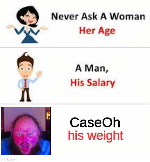 Never ask a woman her age | CaseOh; his weight | image tagged in never ask a woman her age | made w/ Imgflip meme maker
