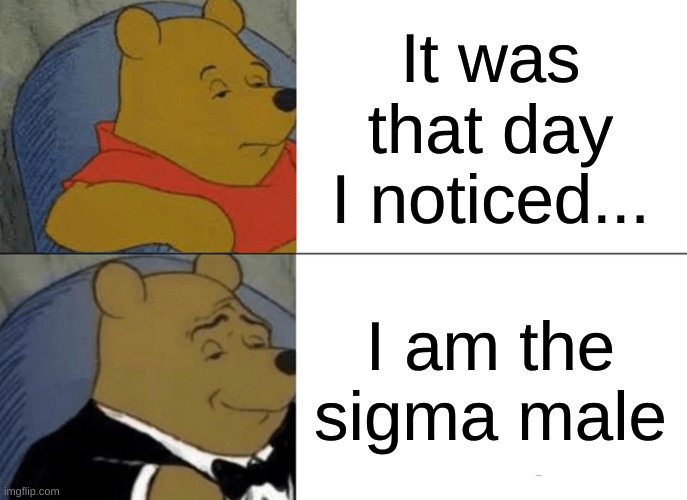 When you notice | It was that day I noticed... I am the sigma male | image tagged in memes,tuxedo winnie the pooh | made w/ Imgflip meme maker