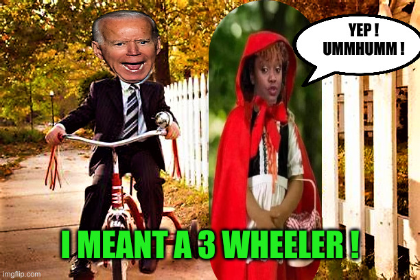Biden on tricycle | I MEANT A 3 WHEELER ! YEP !
UMMHUMM ! | image tagged in biden on tricycle | made w/ Imgflip meme maker
