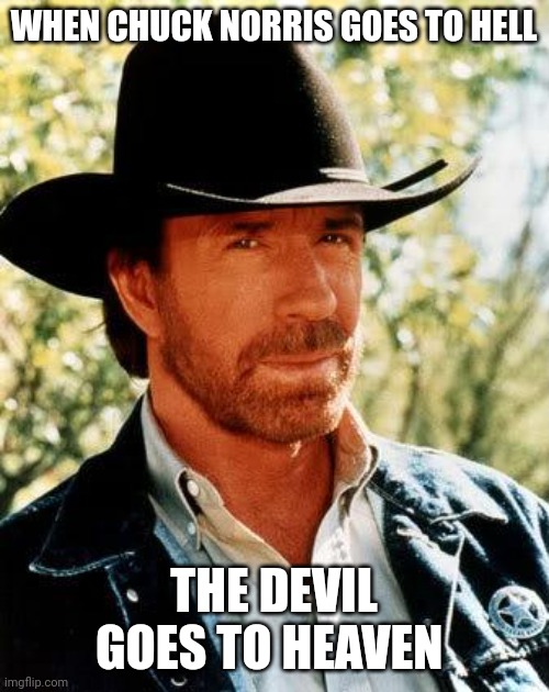 Chuck Norris facts | WHEN CHUCK NORRIS GOES TO HELL; THE DEVIL GOES TO HEAVEN | image tagged in memes,chuck norris | made w/ Imgflip meme maker