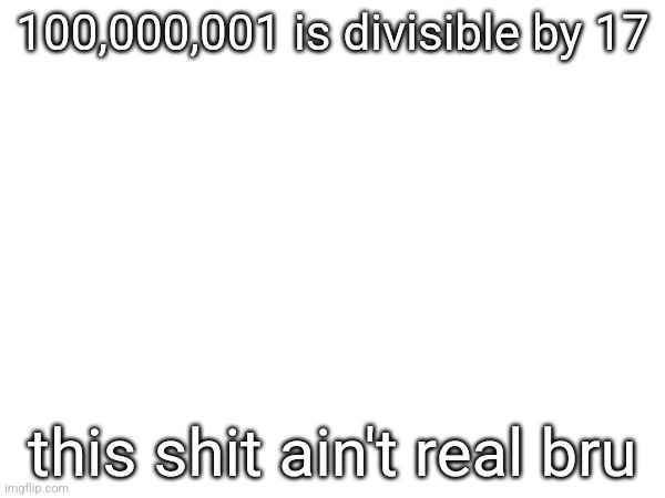 ain't no way life ain't no damn simulation | 100,000,001 is divisible by 17; this shit ain't real bru | made w/ Imgflip meme maker