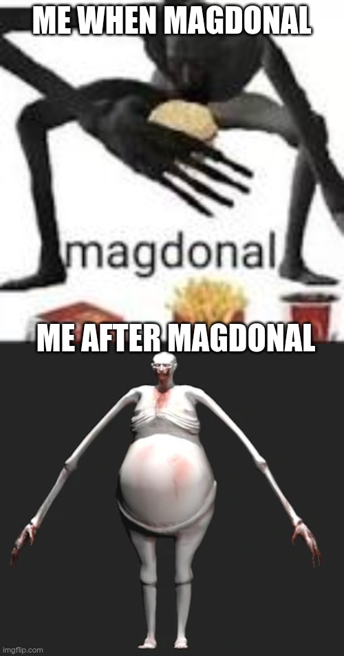 ME WHEN MAGDONAL; ME AFTER MAGDONAL | image tagged in magdonal,fat scp | made w/ Imgflip meme maker