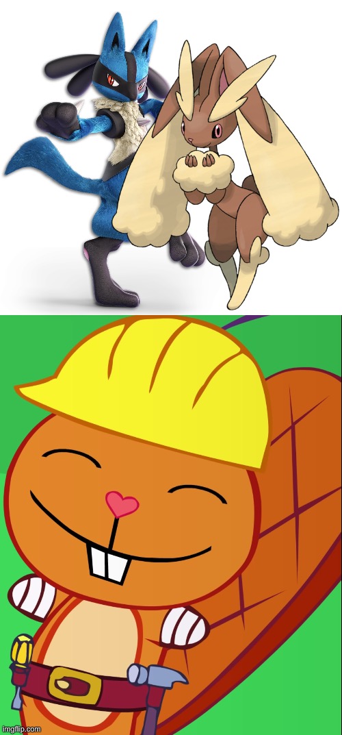 Handy loves Lucario and Lopunny as a couple | image tagged in happy handy htf | made w/ Imgflip meme maker