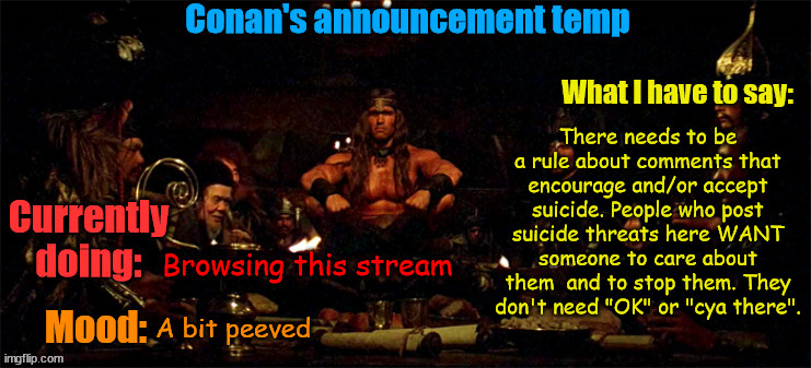 There's already a rule but it isn't being enforced strictly enough | There needs to be a rule about comments that encourage and/or accept suicide. People who post suicide threats here WANT someone to care about them  and to stop them. They don't need "OK" or "cya there". Browsing this stream; A bit peeved | image tagged in conan's announcement temp | made w/ Imgflip meme maker