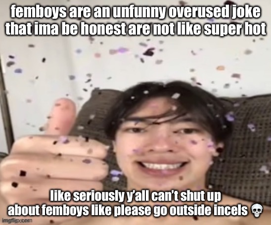 Yippee | femboys are an unfunny overused joke that ima be honest are not like super hot; like seriously y’all can’t shut up about femboys like please go outside incels 💀 | image tagged in yippee | made w/ Imgflip meme maker