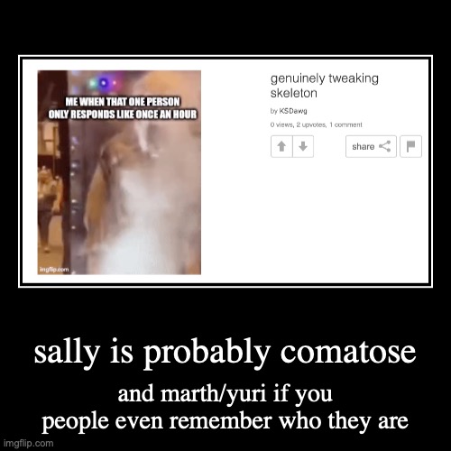 i think i am saying users who barely surface correct me politely if i am wrong and perhaps this wont get deleted | sally is probably comatose | and marth/yuri if you people even remember who they are | image tagged in funny,demotivationals | made w/ Imgflip demotivational maker