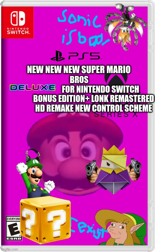 Nintendo Switch | NEW NEW NEW SUPER MARIO; BROS                             FOR NINTENDO SWITCH BONUS EDITION+ LONK REMASTERED HD REMAKE NEW CONTROL SCHEME | image tagged in nintendo switch | made w/ Imgflip meme maker