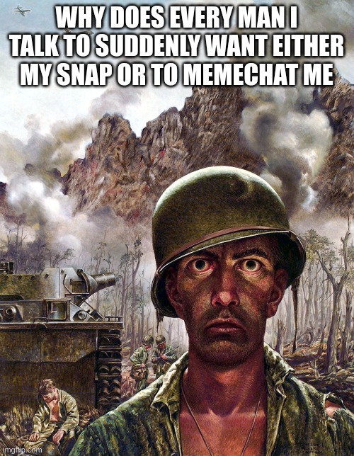 1000 yard stare | WHY DOES EVERY MAN I TALK TO SUDDENLY WANT EITHER MY SNAP OR TO MEMECHAT ME | image tagged in 1000 yard stare | made w/ Imgflip meme maker