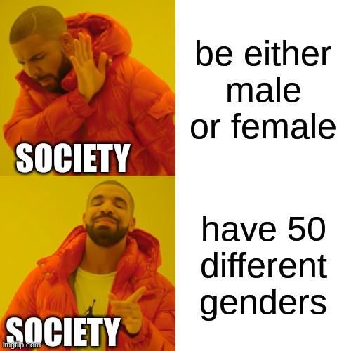 Drake Hotline Bling Meme | be either male or female; SOCIETY; have 50 different genders; SOCIETY | image tagged in memes,drake hotline bling | made w/ Imgflip meme maker