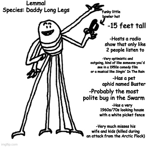 lmao spindly ass legs | Lemmal
Species: Daddy Long Legs; funky little bowler hat; -15 feet tall; -Hosts a radio show that only like 2 people listen to; -Very optimistic and outgoing, kind of like someone you'd see in a 1950s comedy film or a musical like Singin' In The Rain; -Has a pet aphid named Buster; -Probably the most polite bug in the Swarm; -Has a very 1960s/70s looking house with a white picket fence; -Very much misses his wife and kids (killed during an attack from the Arctic Flock) | made w/ Imgflip meme maker