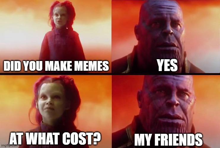 Lost all friends | YES; DID YOU MAKE MEMES; MY FRIENDS; AT WHAT COST? | image tagged in what did it cost,sad,imgflip users,thanos snap | made w/ Imgflip meme maker