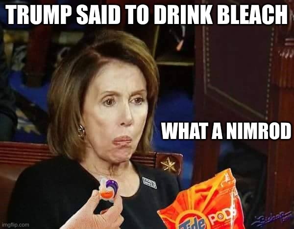 Pelosi eating tide pods | TRUMP SAID TO DRINK BLEACH WHAT A NIMROD | image tagged in pelosi eating tide pods | made w/ Imgflip meme maker