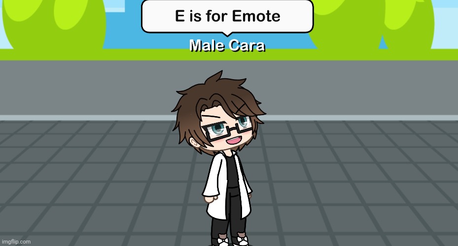 E is for Emote. Male Cara is doing the Chipi Chapa one | image tagged in pop up school 2,pus2,x is for x,male cara,emote,chipi chapa | made w/ Imgflip meme maker