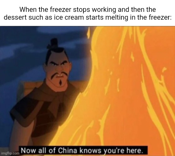 Ice cream melting in the freezer | When the freezer stops working and then the dessert such as ice cream starts melting in the freezer: | image tagged in now all of china knows you're here,ice cream,melting,freezer,dessert,memes | made w/ Imgflip meme maker