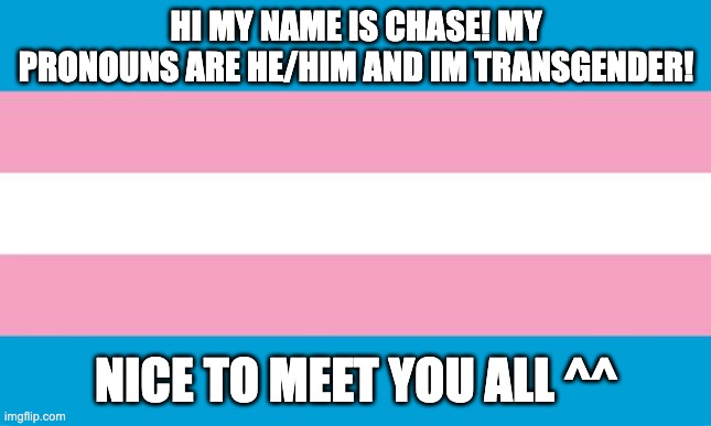 Transgender Flag | HI MY NAME IS CHASE! MY PRONOUNS ARE HE/HIM AND IM TRANSGENDER! NICE TO MEET YOU ALL ^^ | image tagged in transgender flag | made w/ Imgflip meme maker