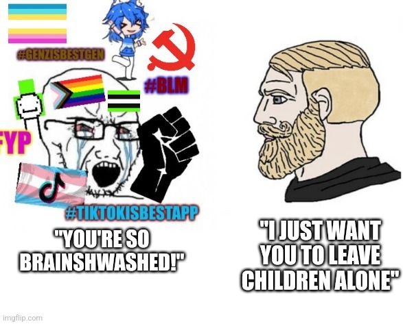 Yet they're the bastion of tolerance and live | "I JUST WANT YOU TO LEAVE CHILDREN ALONE"; "YOU'RE SO BRAINSHWASHED!" | image tagged in average liberal vs chad outdated,liberals vs conservatives,democrats,republicans,socialism,communism | made w/ Imgflip meme maker